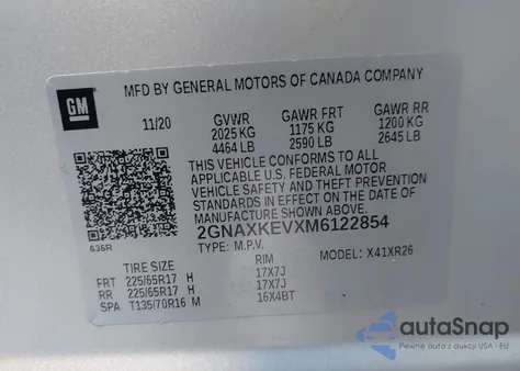 2021 Chevrolet Equinox Fwd Lt from USA, damaged, VIN 2GNAXKEVXM6122854